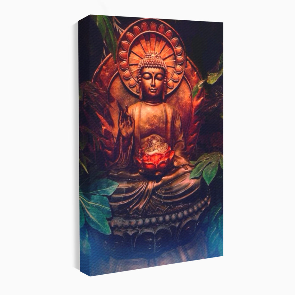 Tablou canvas cu tablou canvas cu statuie buddha in meditatie, fara rama, pe sasiu de lemn
